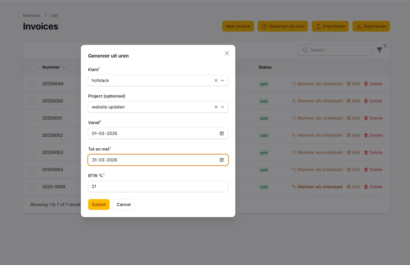 Factuur genereren uit uren