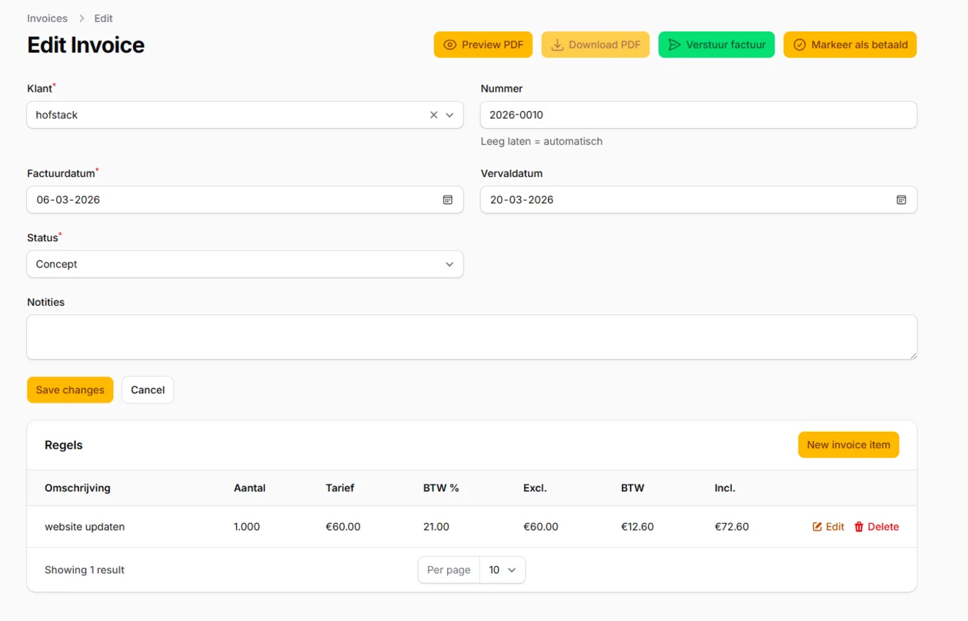 Screenshot van de factuurinterface