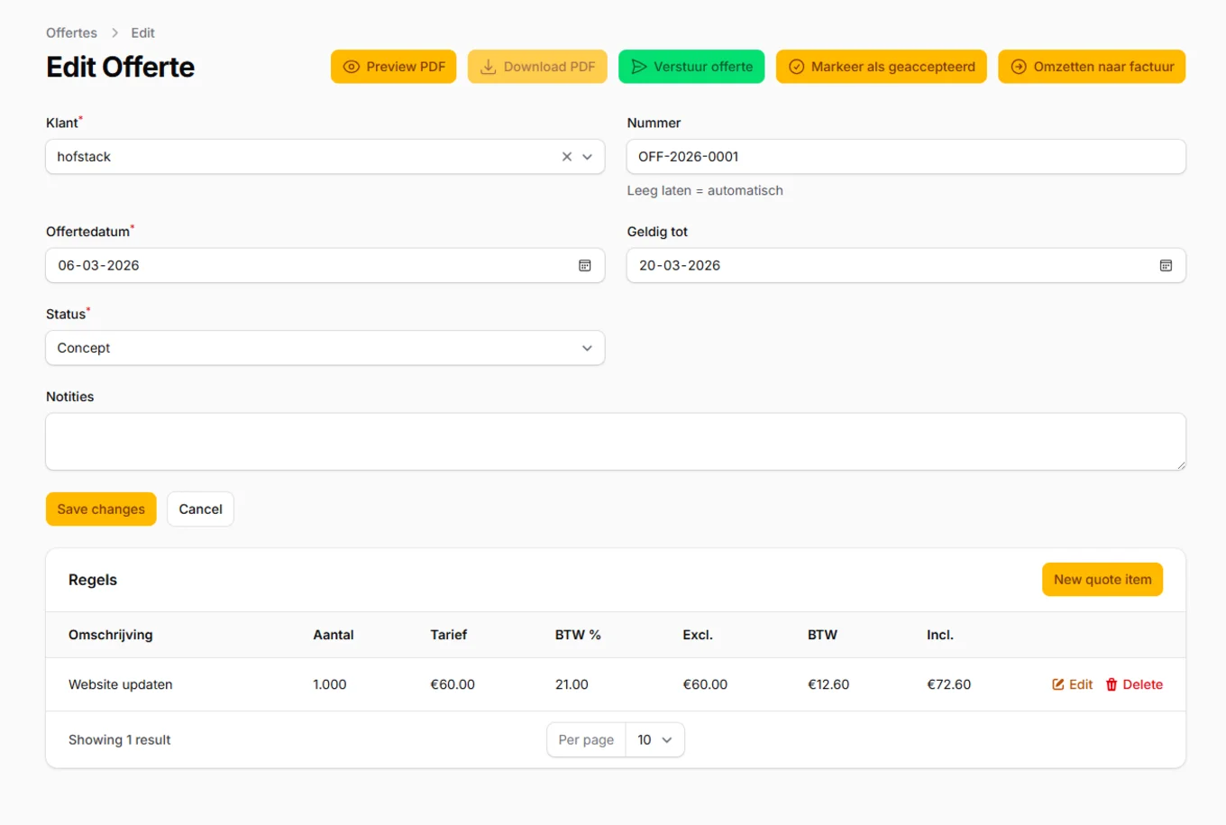 Screenshot van de offerteinterface
