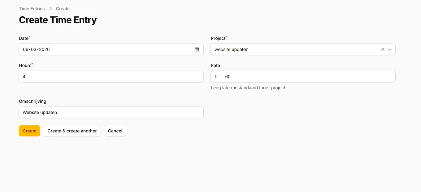Screenshot van de urenregistratie